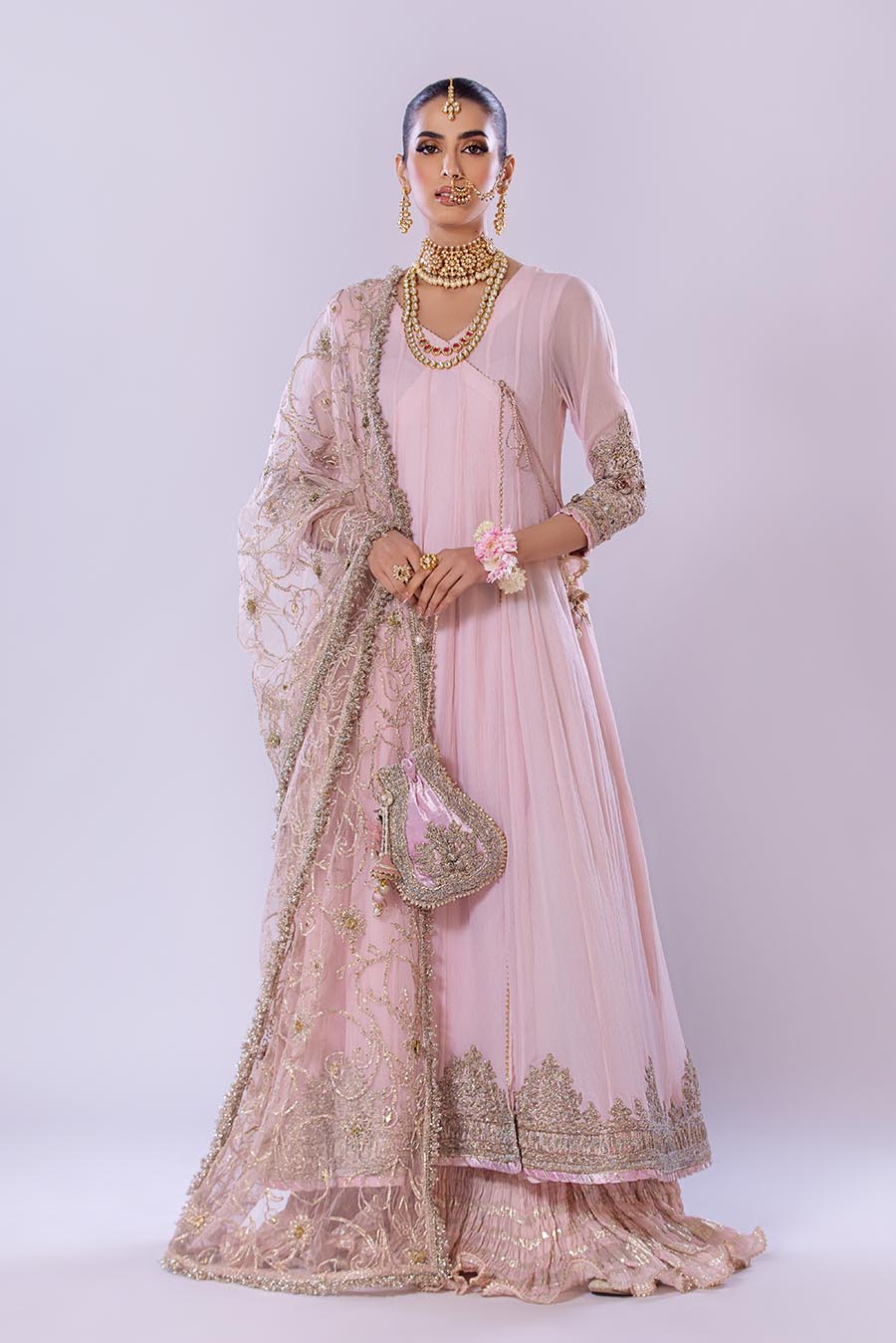 Khuda Baksh White/Pink/Turquoise Sharara Suit