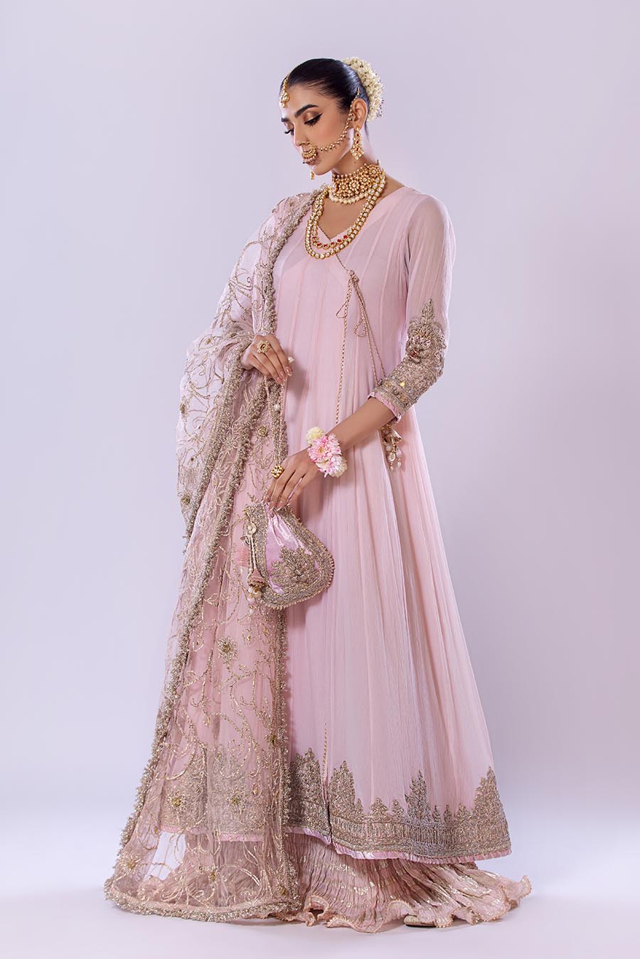 Khuda Baksh White/Pink/Turquoise Sharara Suit