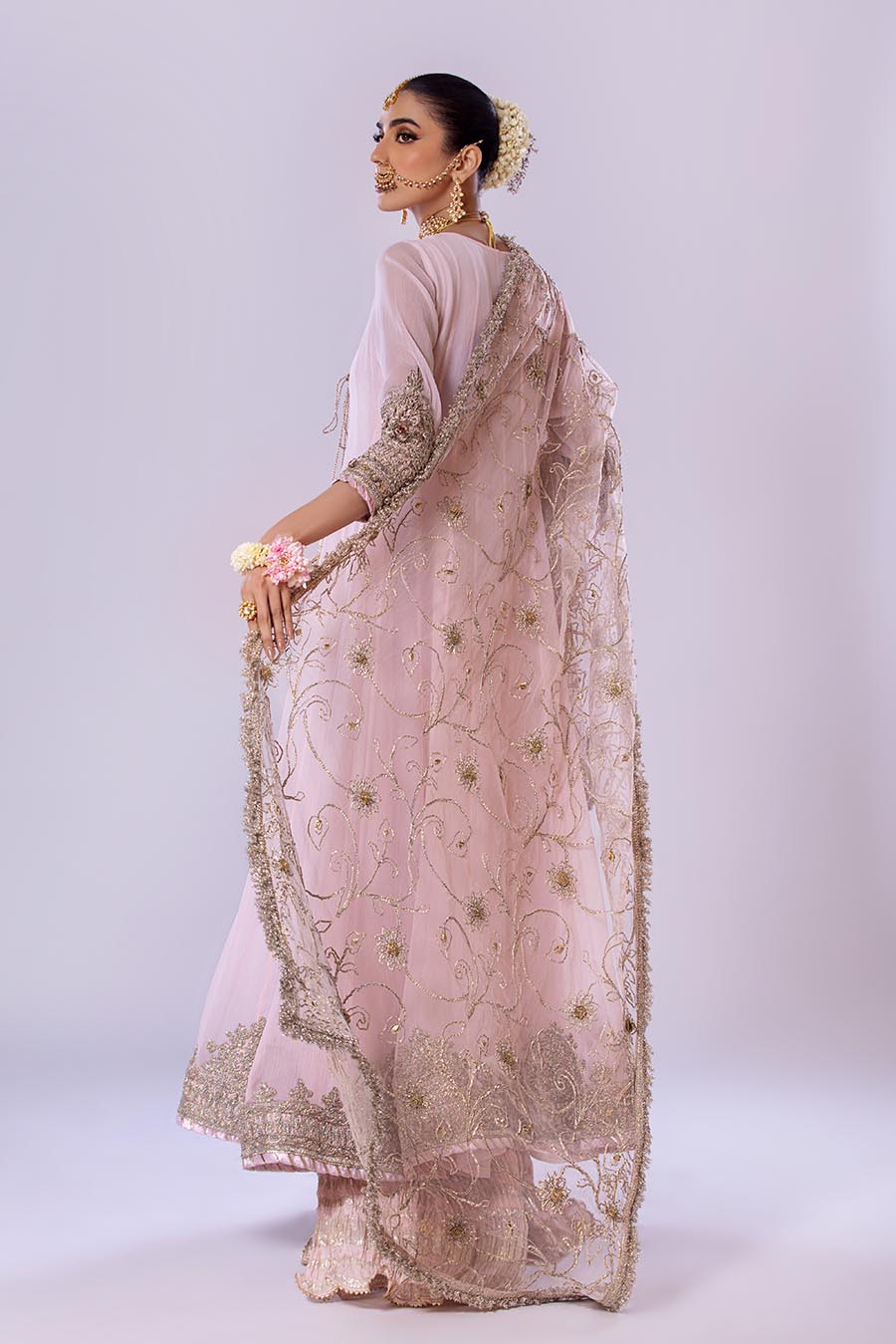 Khuda Baksh White/Pink/Turquoise Sharara Suit