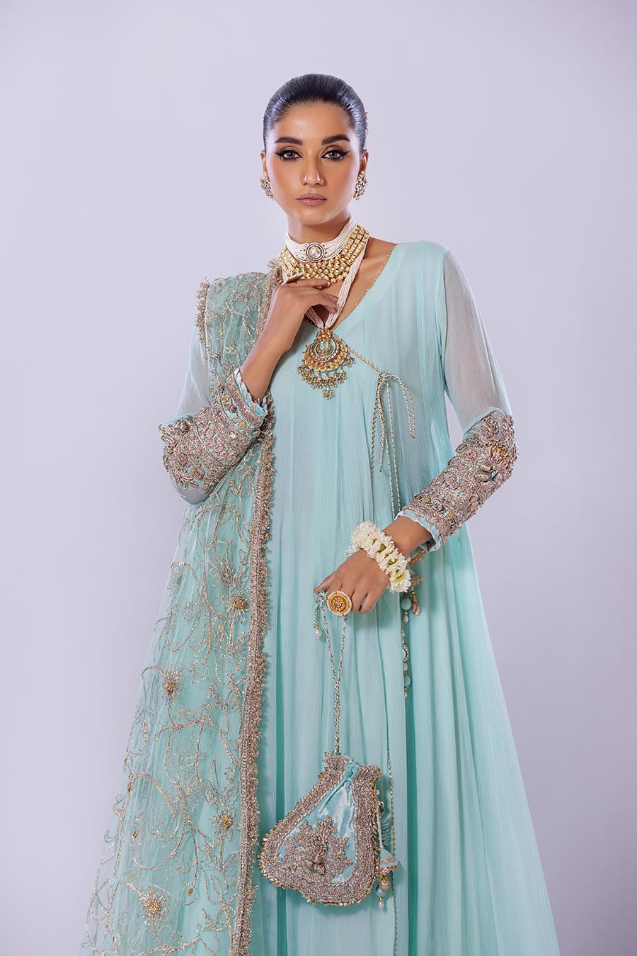 Khuda Baksh White/Pink/Turquoise Sharara Suit