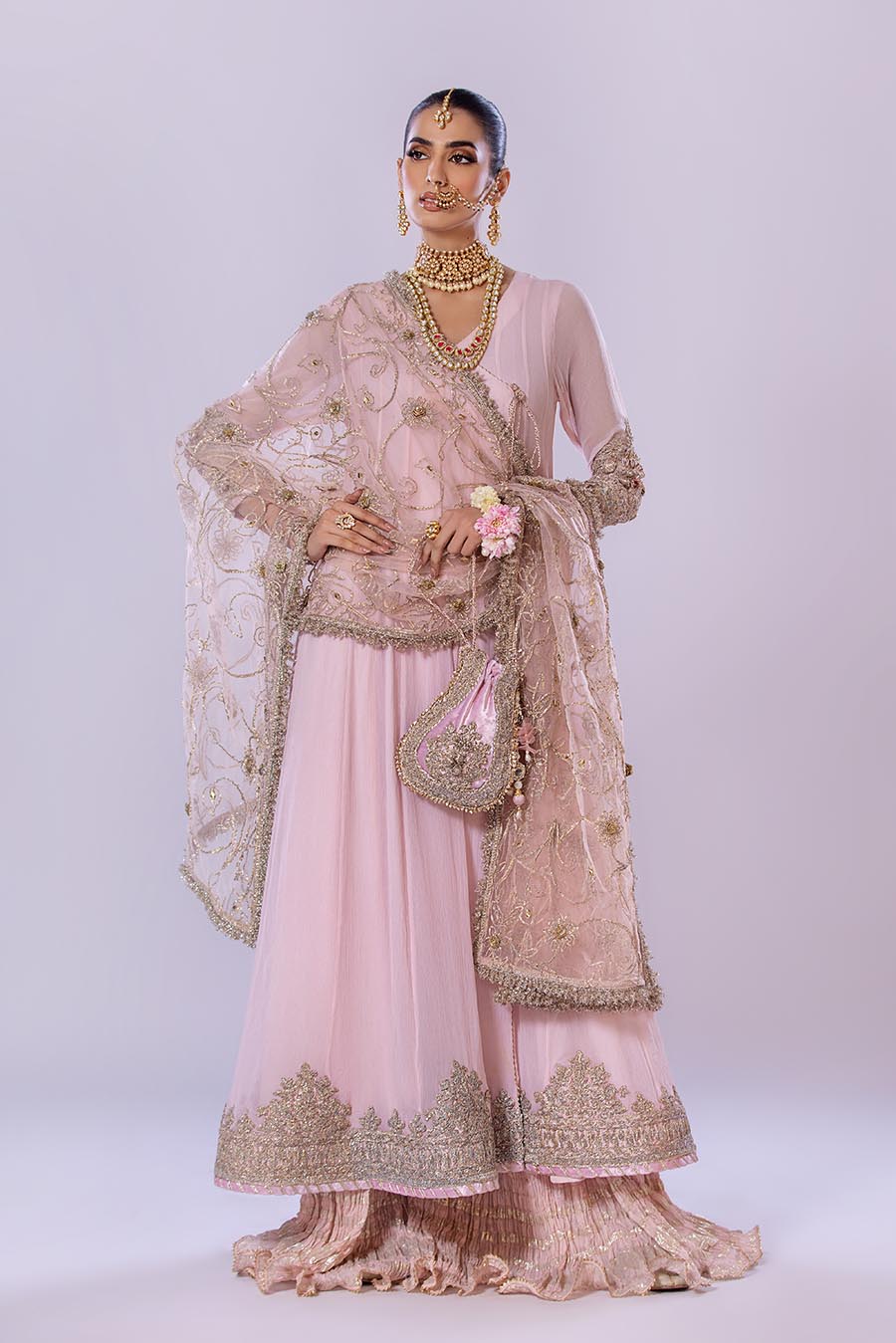 Khuda Baksh White/Pink/Turquoise Sharara Suit
