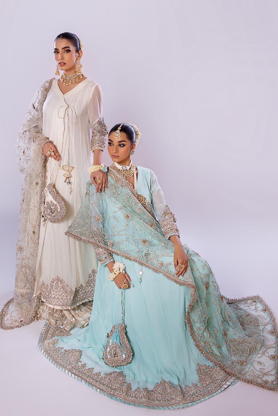 Khuda Baksh White/Pink/Turquoise Sharara Suit