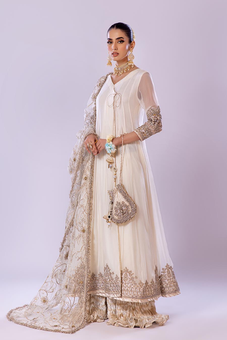 Khuda Baksh White/Pink/Turquoise Sharara Suit