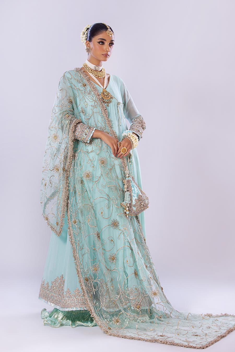 Khuda Baksh White/Pink/Turquoise Sharara Suit