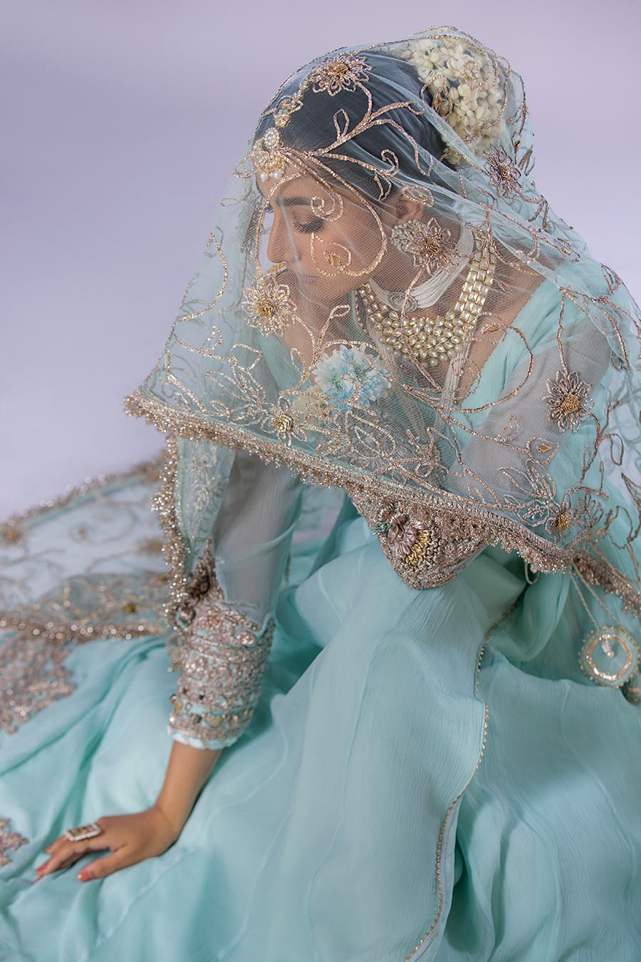 Khuda Baksh White/Pink/Turquoise Sharara Suit