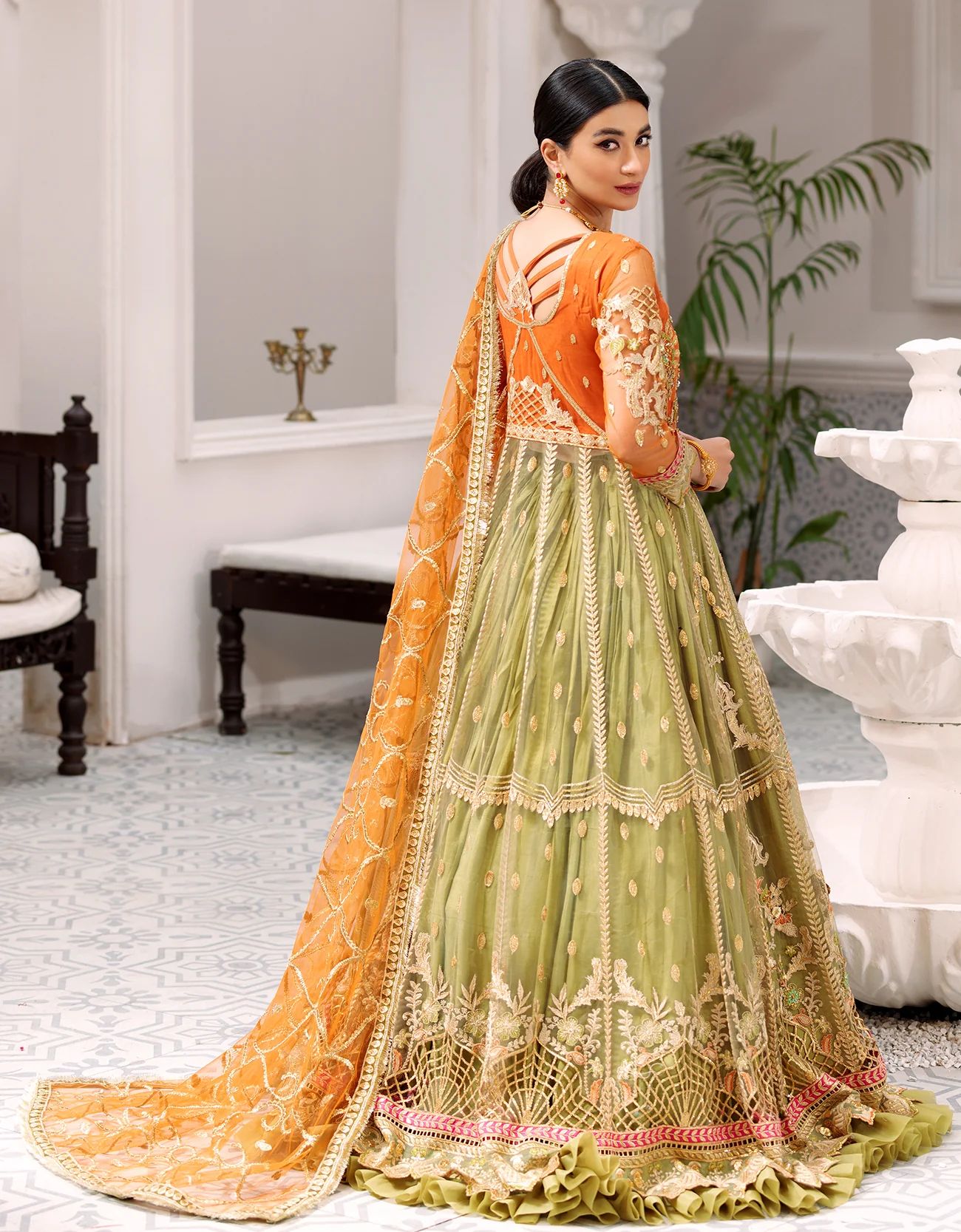 Emaan Adeel Green Orange Maxi Dress