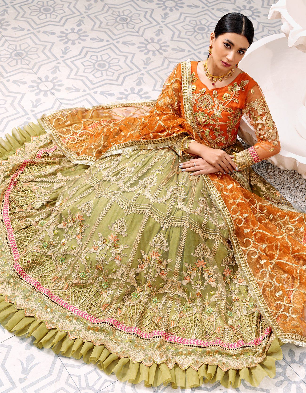 Emaan Adeel Green Orange Maxi Dress