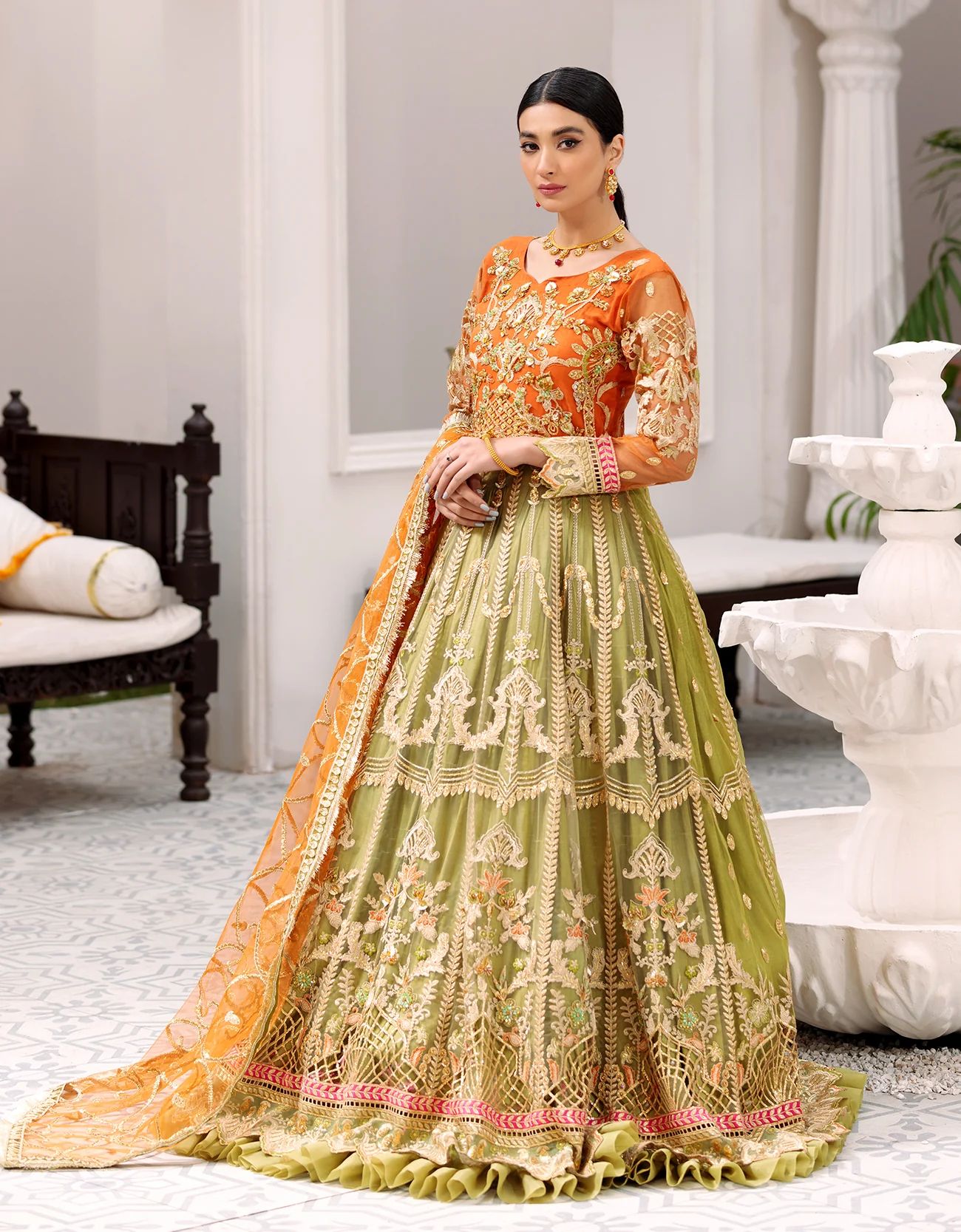 Emaan Adeel Green Orange Maxi Dress