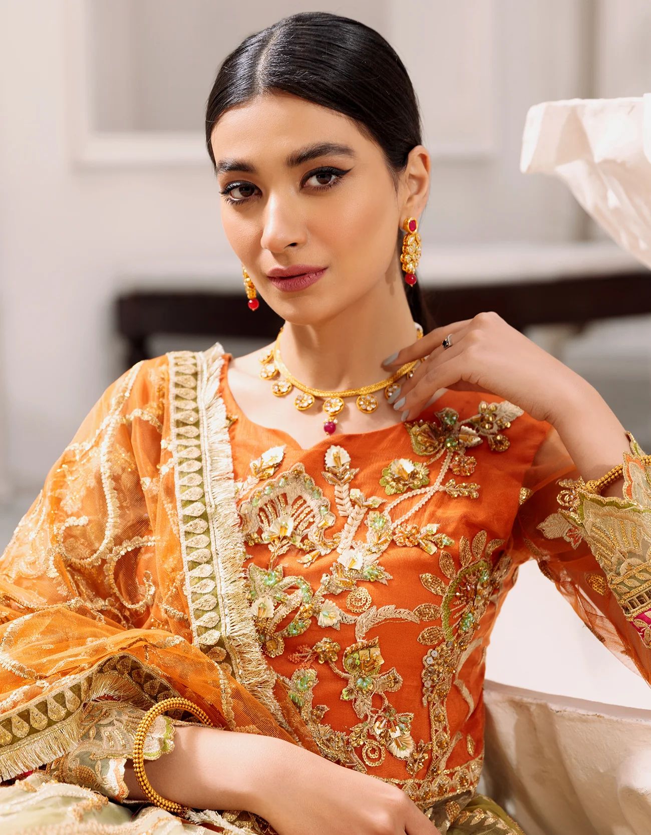 Emaan Adeel Green Orange Maxi Dress