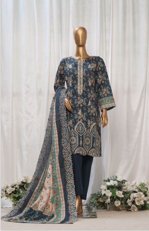 Khaddar Suit - Blau mit Blumenmuster