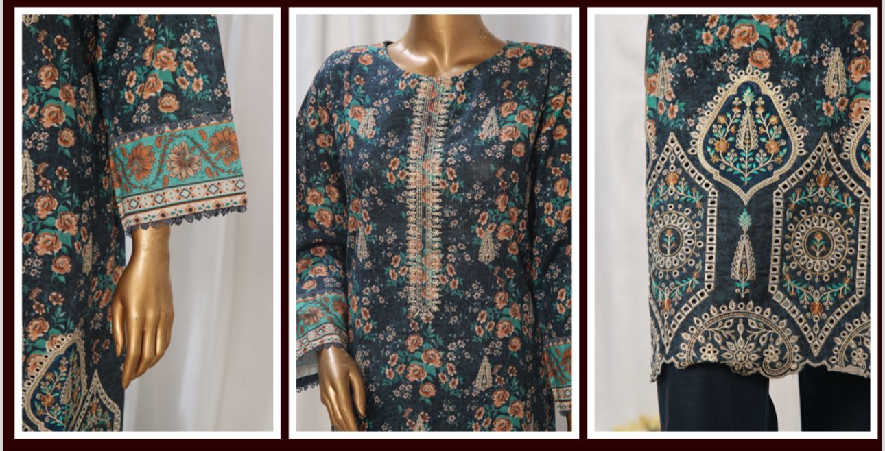 Khaddar Suit - Blau mit Blumenmuster