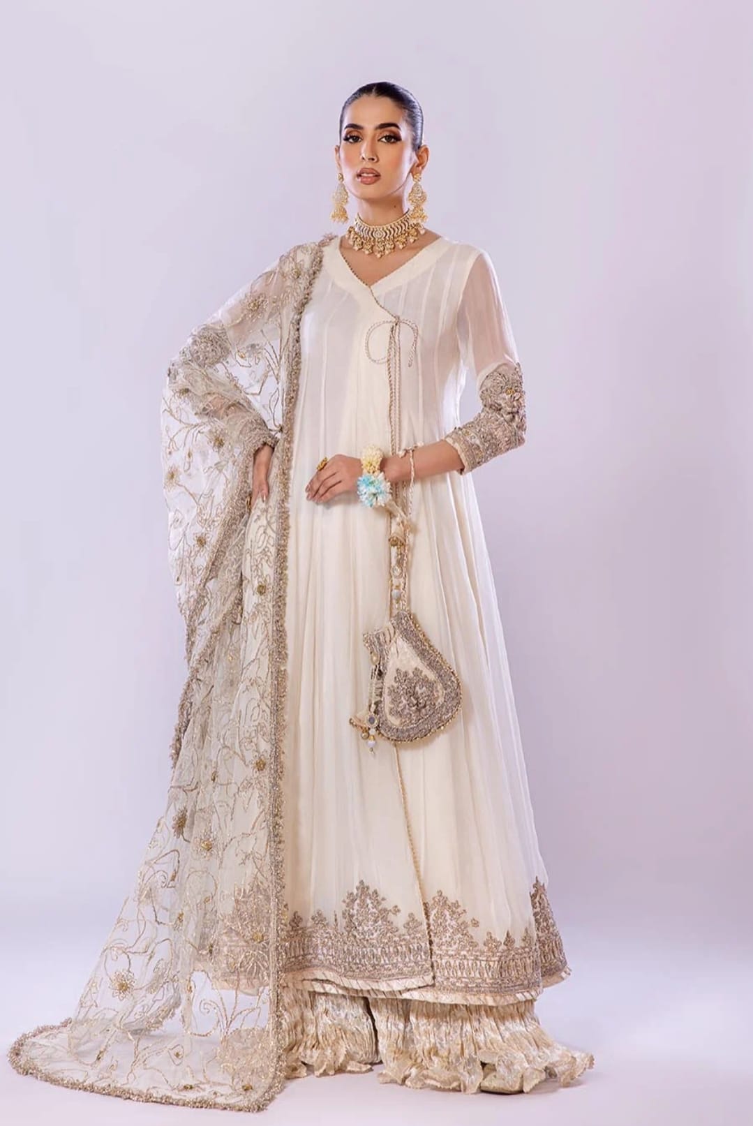 Khuda Baksh White/Pink/Turquoise Sharara Suit