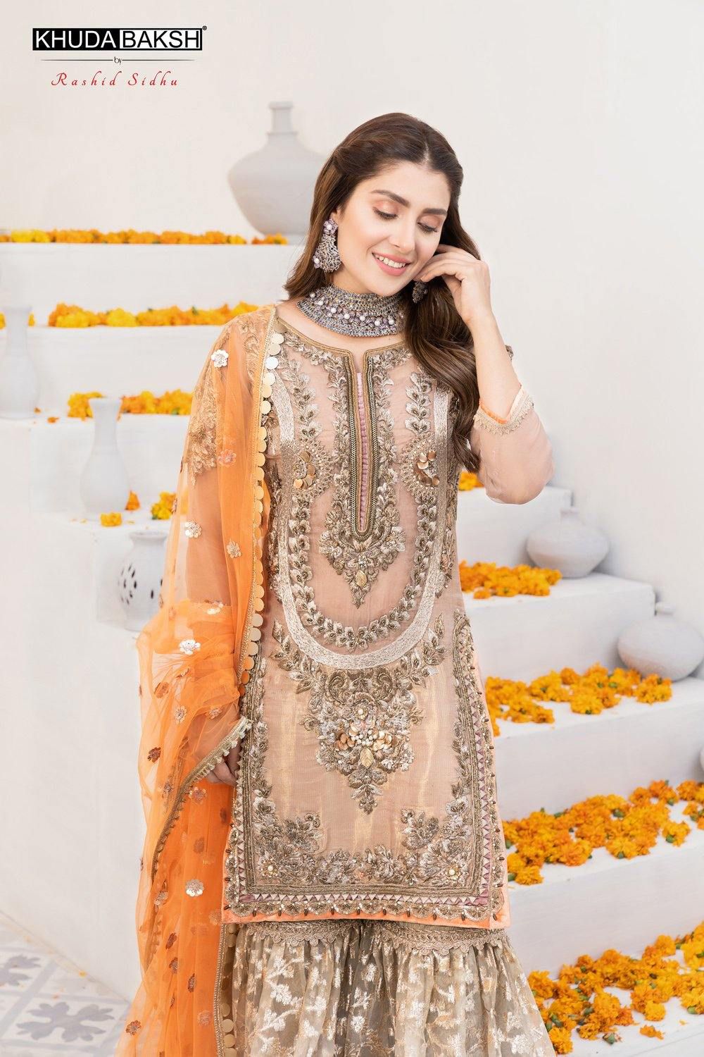 Khuda Baksh Gold Orange Sharara Suit