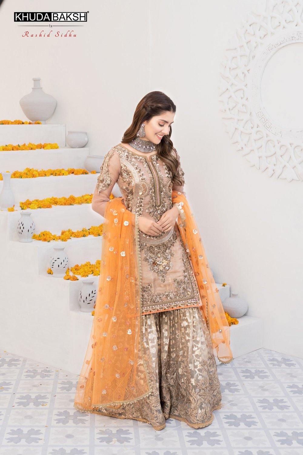 Khuda Baksh Gold Orange Sharara Suit