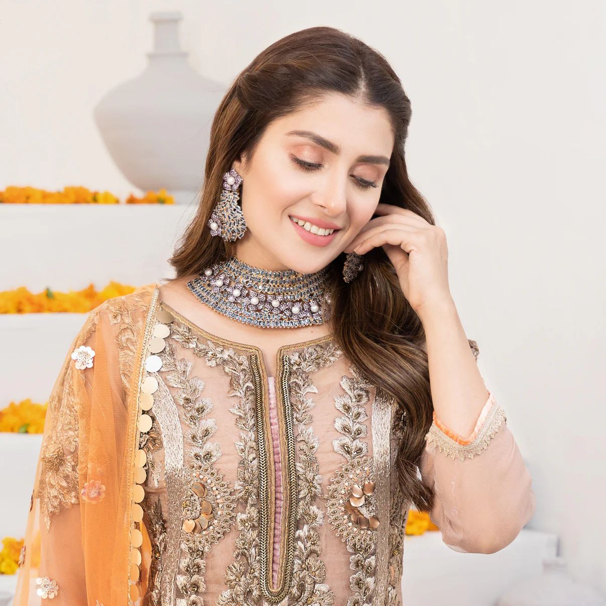 Khuda Baksh Gold Orange Sharara Suit