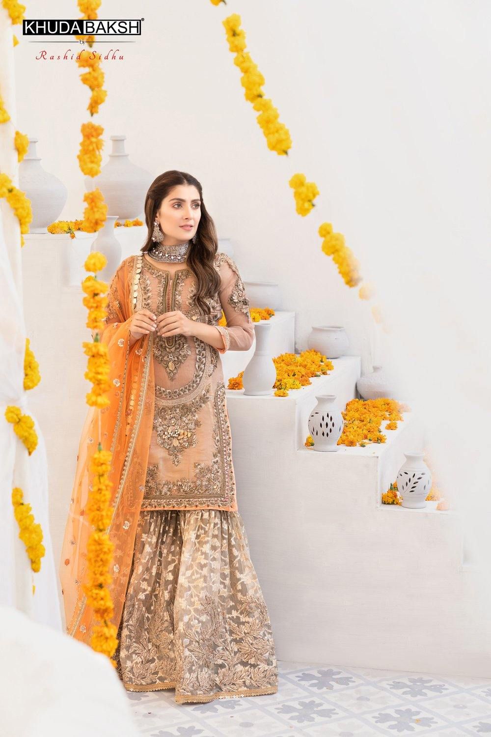 Khuda Baksh Gold Orange Sharara Suit