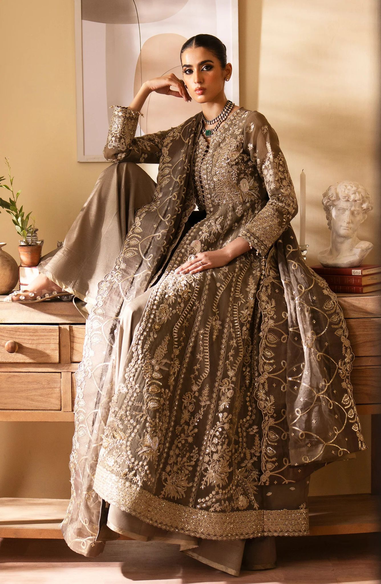 Emaan Adeel Brown Maxi Dress