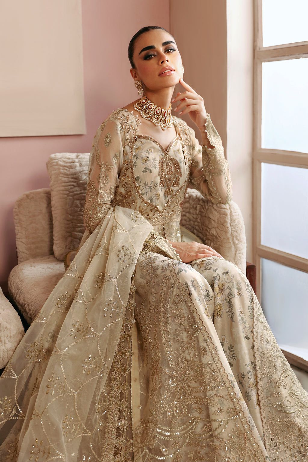 Ramsha Beige Organza Suit