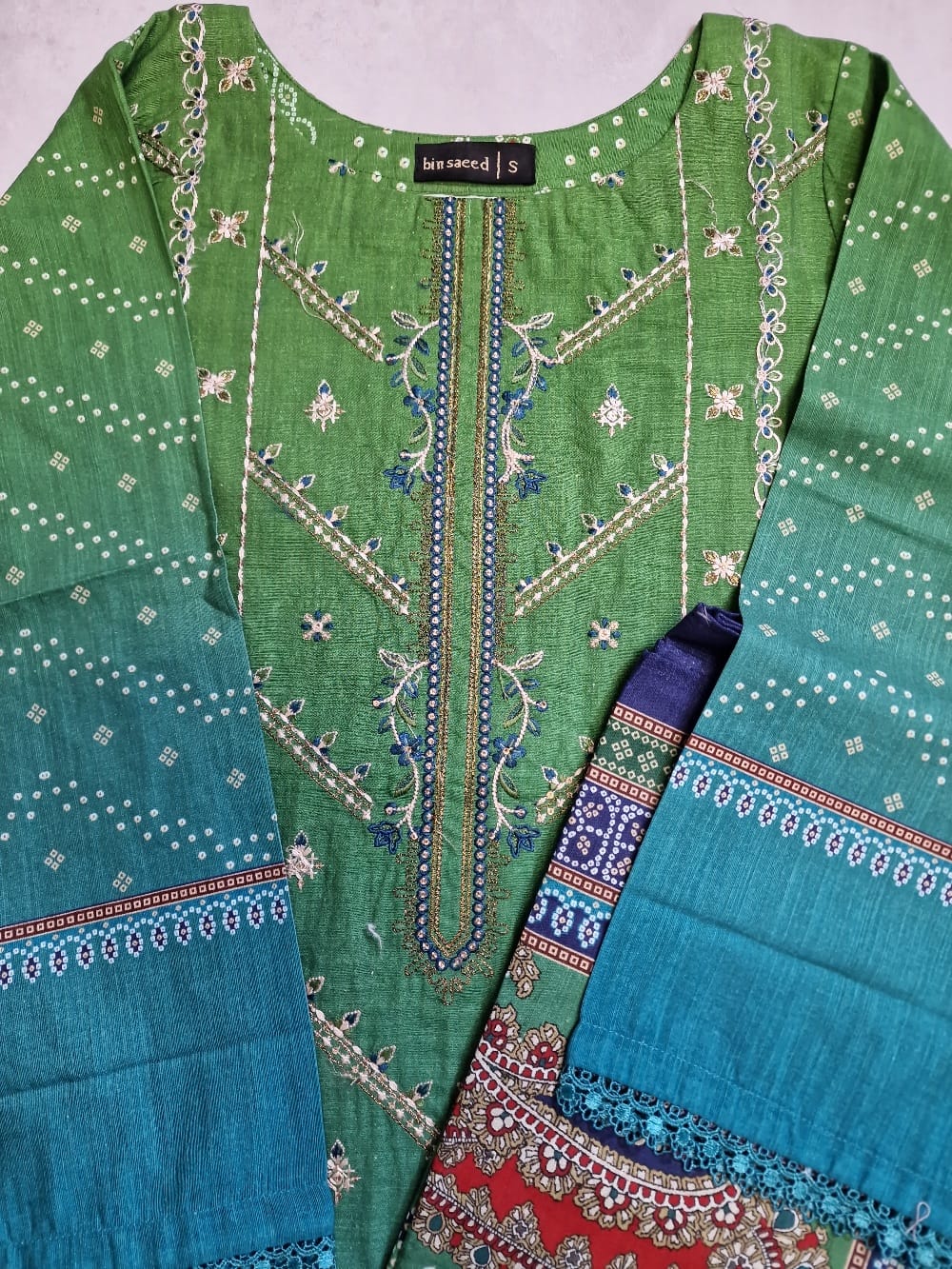 Blue Green Embroidered Khaddar Suit