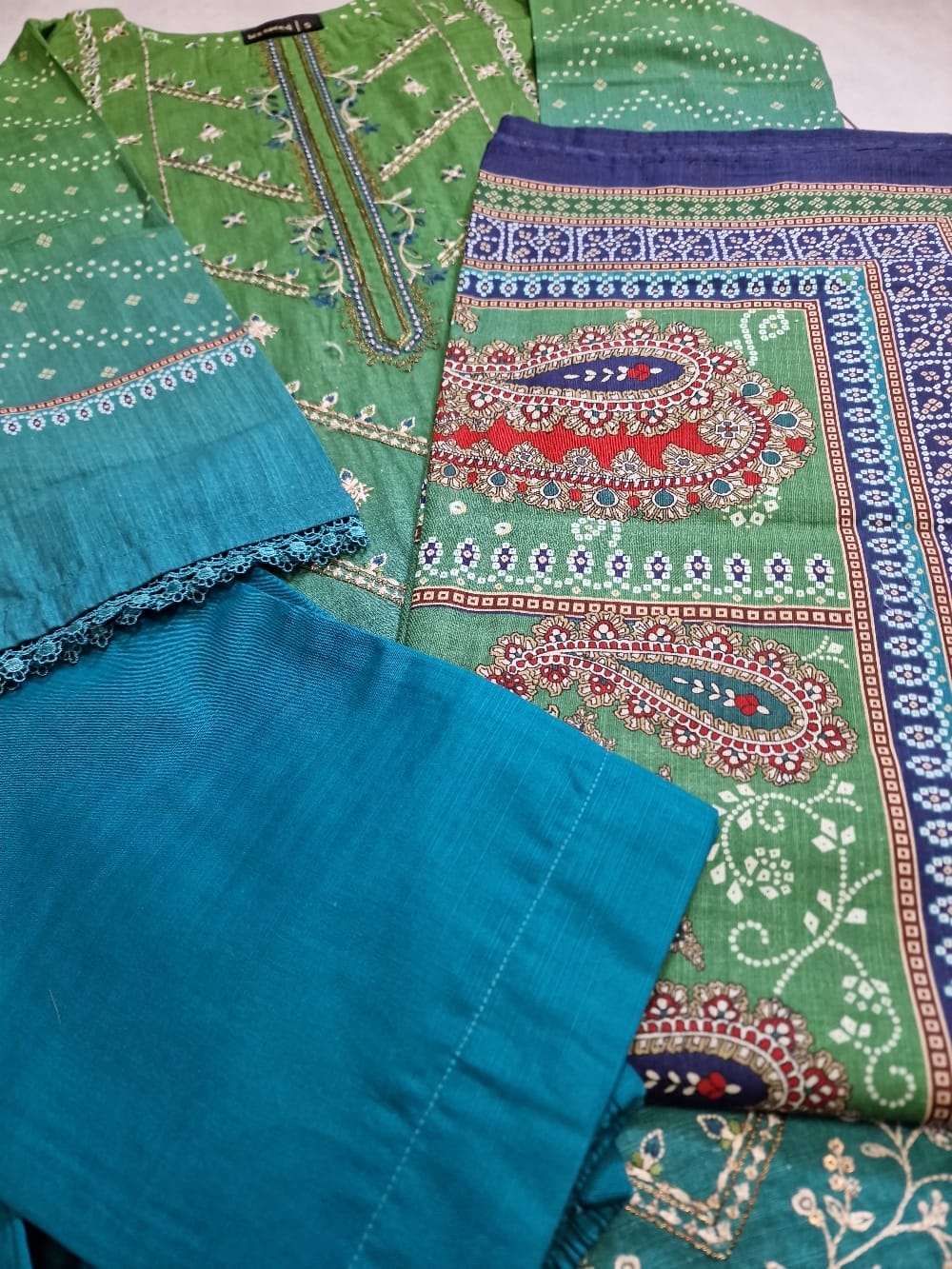 Blue Green Embroidered Khaddar Suit