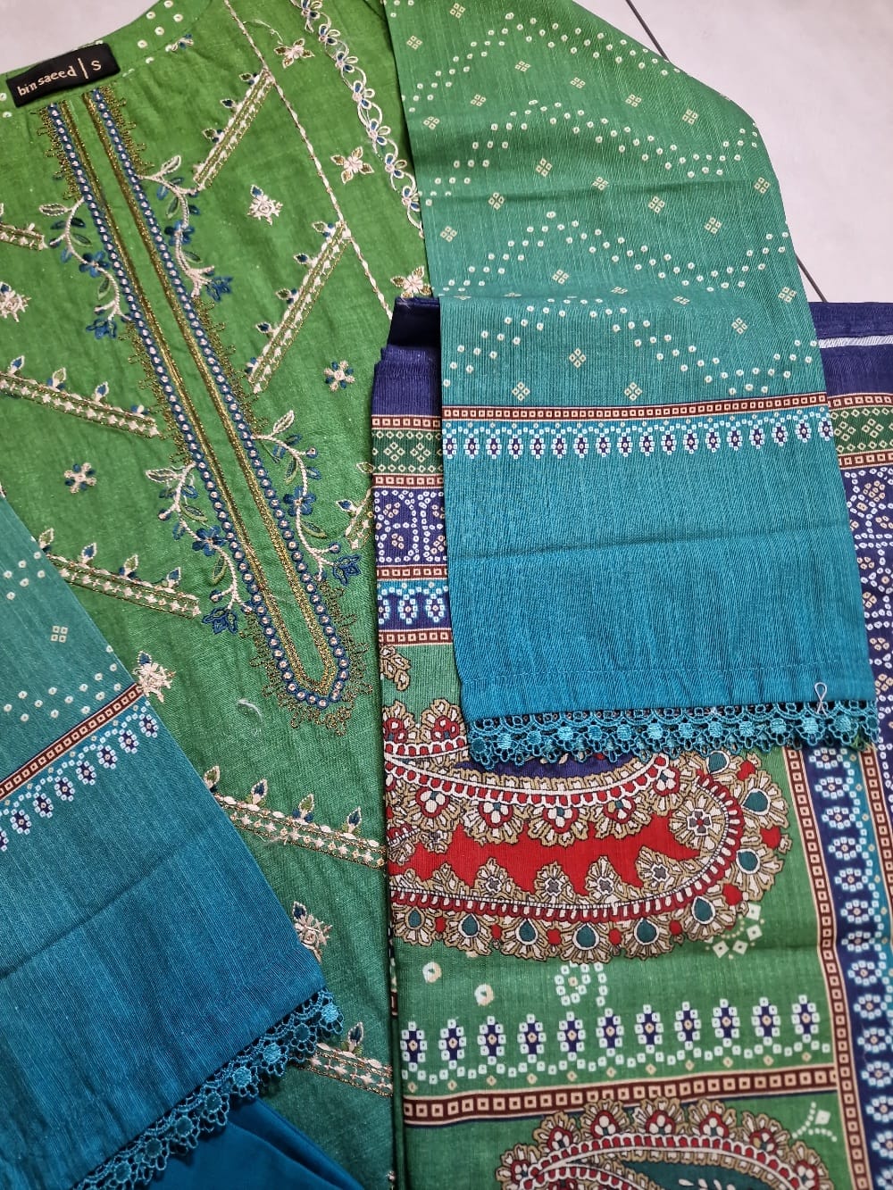 Blue Green Embroidered Khaddar Suit