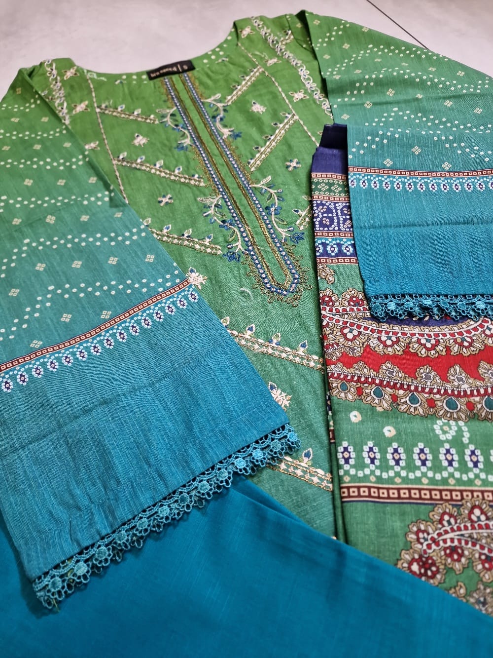 Blue Green Embroidered Khaddar Suit