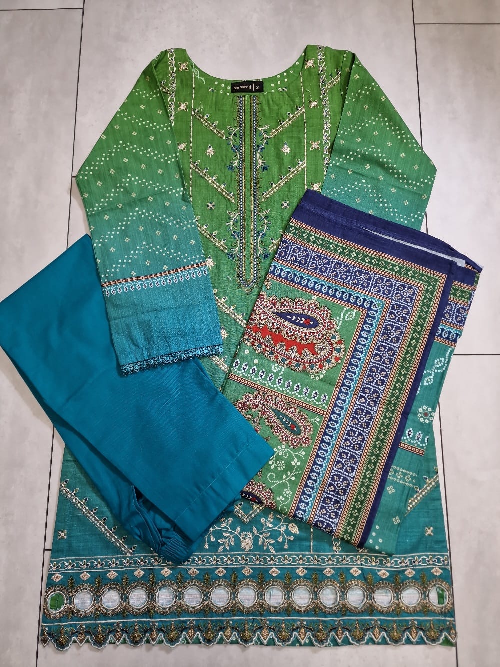 Blue Green Embroidered Khaddar Suit