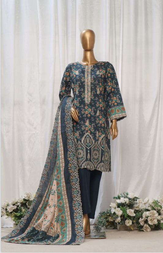 Blue Flower Embroidered Khaddar Suit