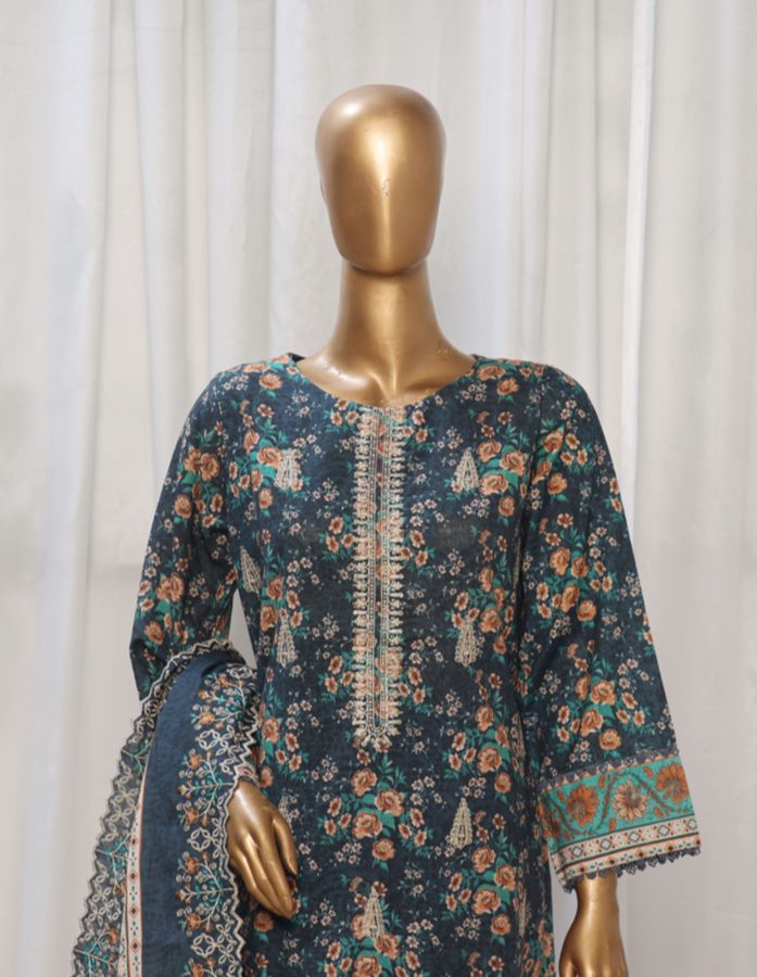 Blue Flower Embroidered Khaddar Suit