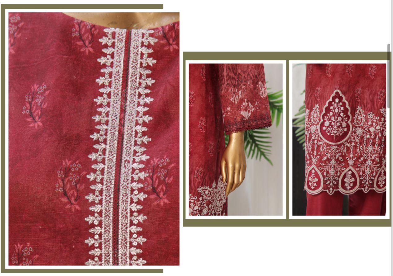 Red Embroidered Khaddar Suit