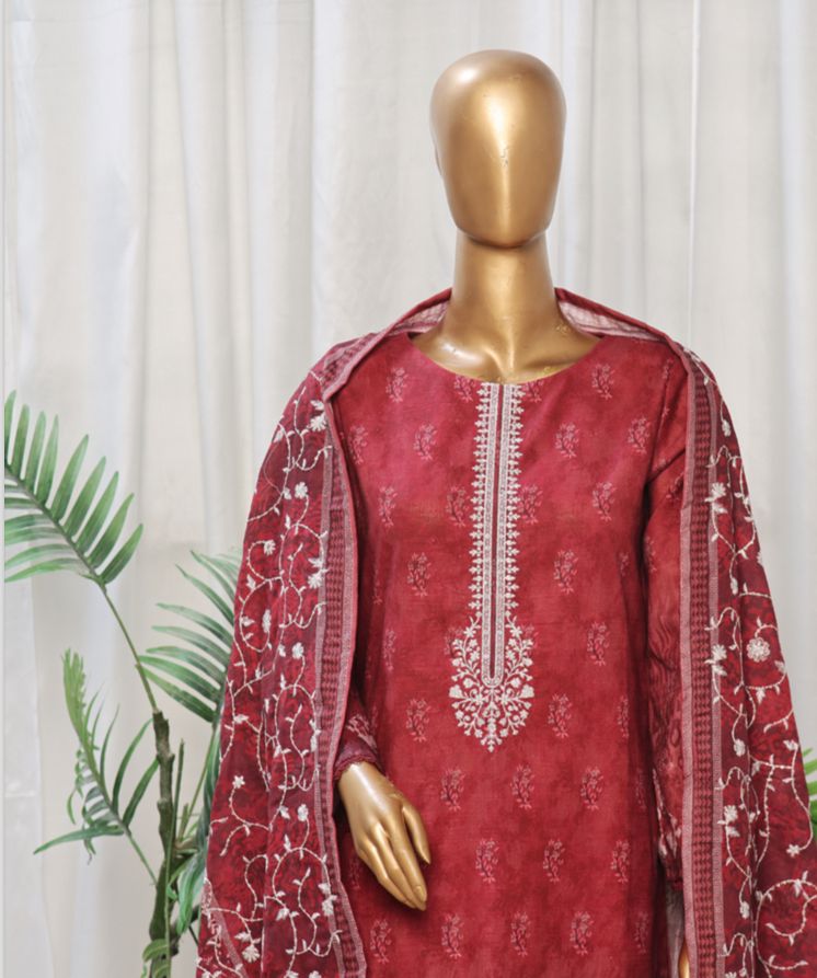 Red Embroidered Khaddar Suit