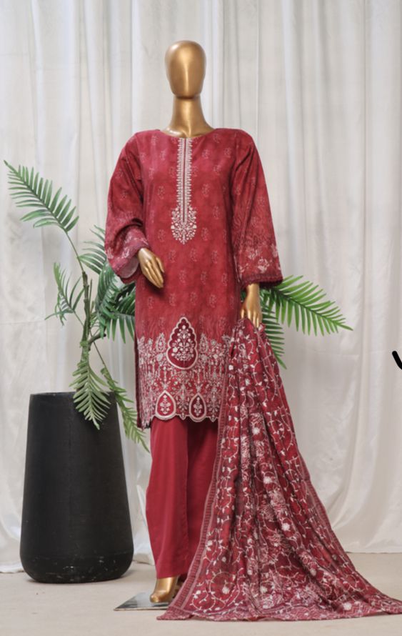 Red Embroidered Khaddar Suit