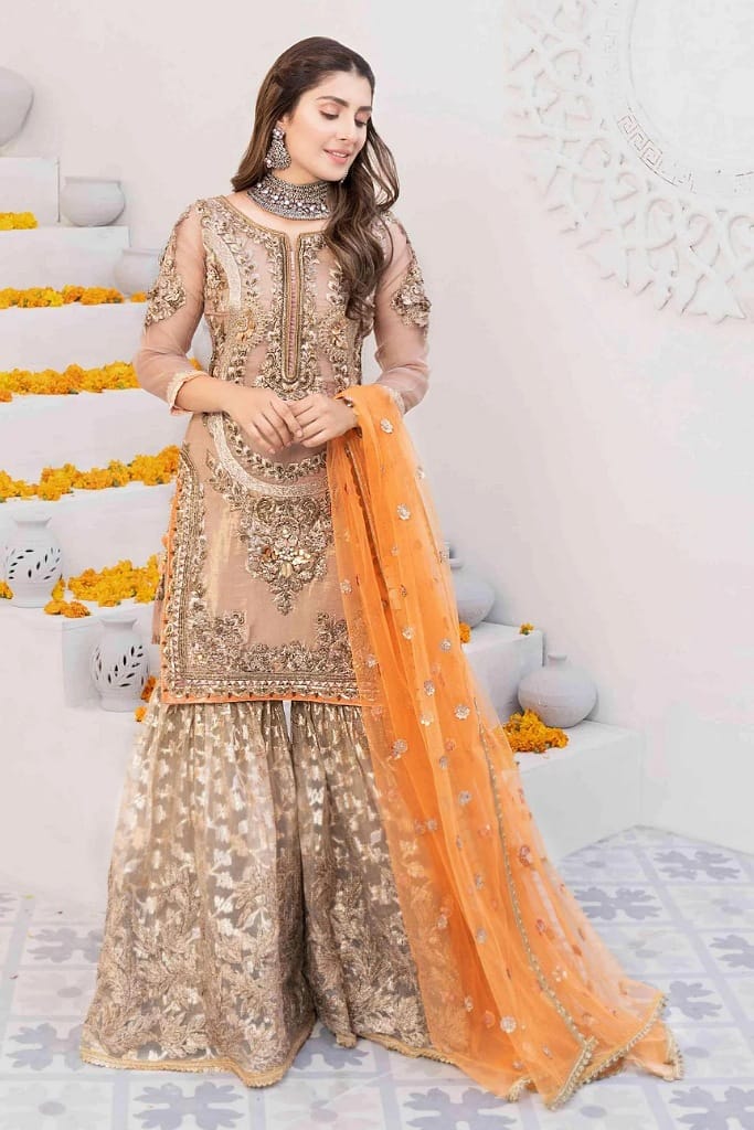 Khuda Baksh Gold Orange Sharara Suit